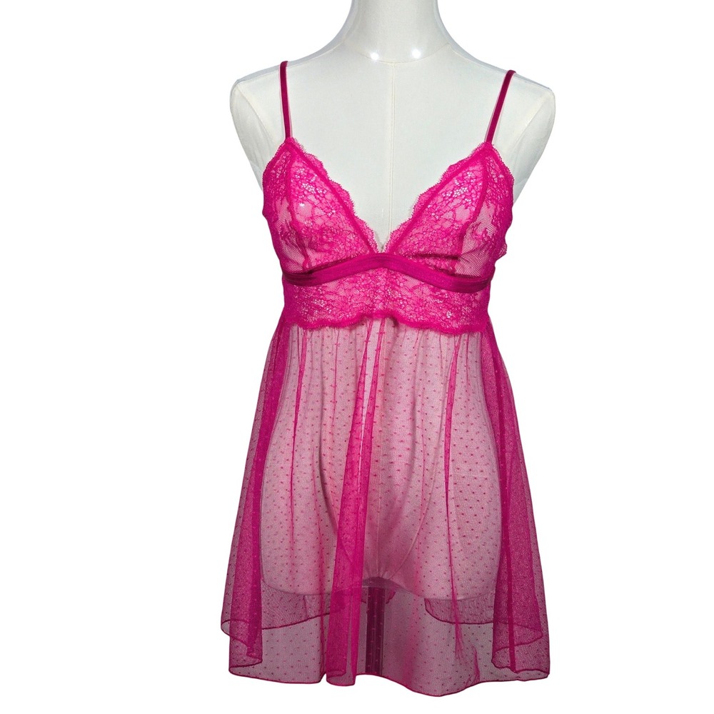 Victoria's Secret Babydoll Women M Pink Swiss Dot Lace‎ Mesh Lingerie